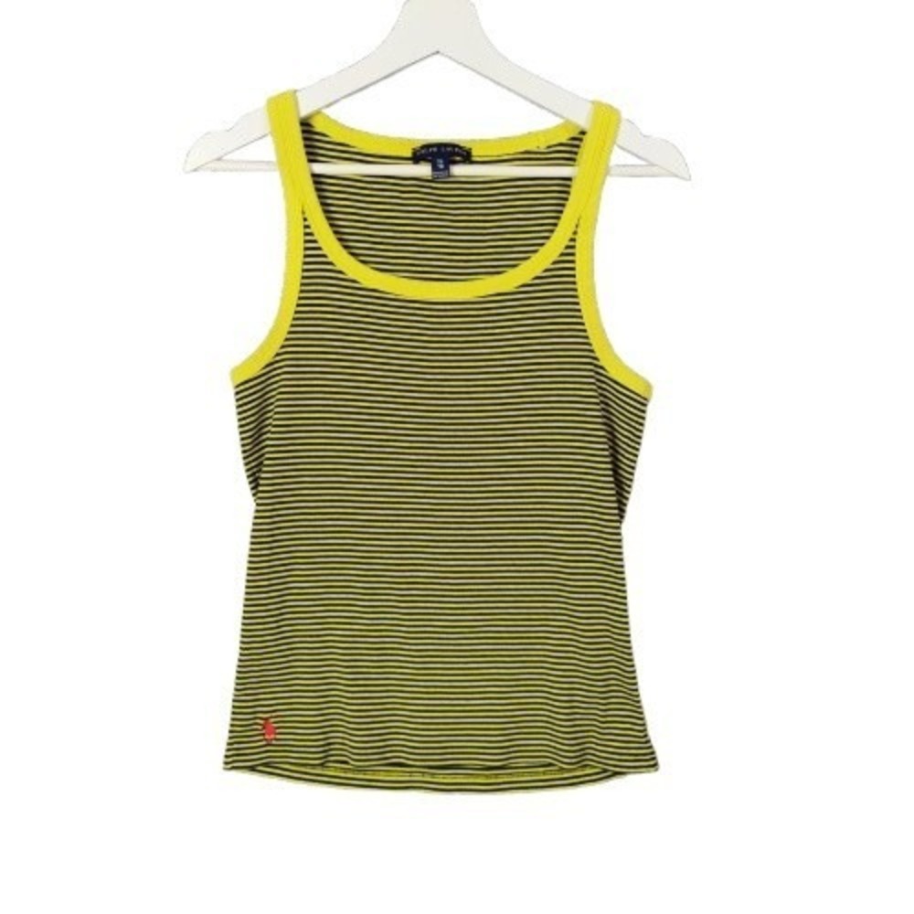Ralph Lauren Womens Preppy Nautical Bee Tank Top XL Yellow Striped Ribbed Pony